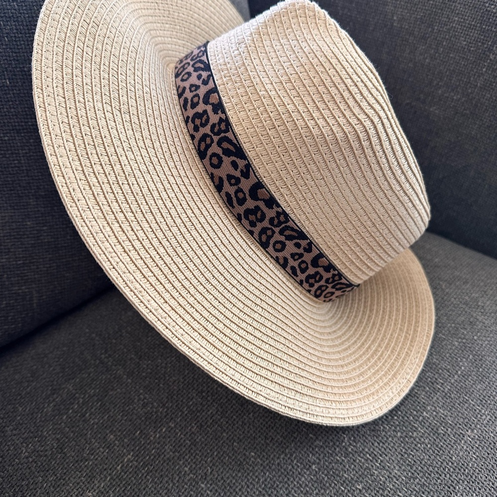J. Crew Beige Straw Hat with Leopard Accent